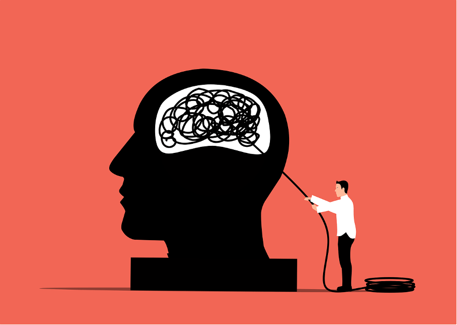 A cartoon head silhouetted and showing a tangle of thread within the brain space. A cartoon white man pulls on the thread, de-tangling it into a coil. 