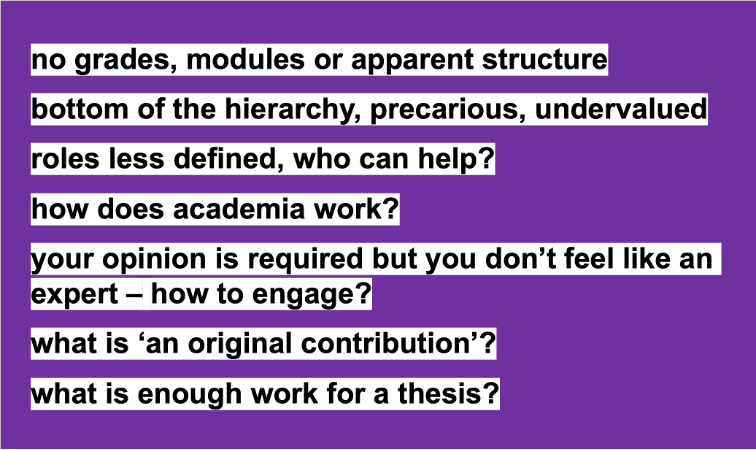 A powerpoint slide which reads: 

no grades, modules or apparent structure 

bottom of the hierarchy, precarious, undervalued

roles less defined, who can help?

how does academia work?

your opinion is required but you don’t feel like an expert – how to engage?

what is ‘an original contribution’?

what is enough work for a thesis?
