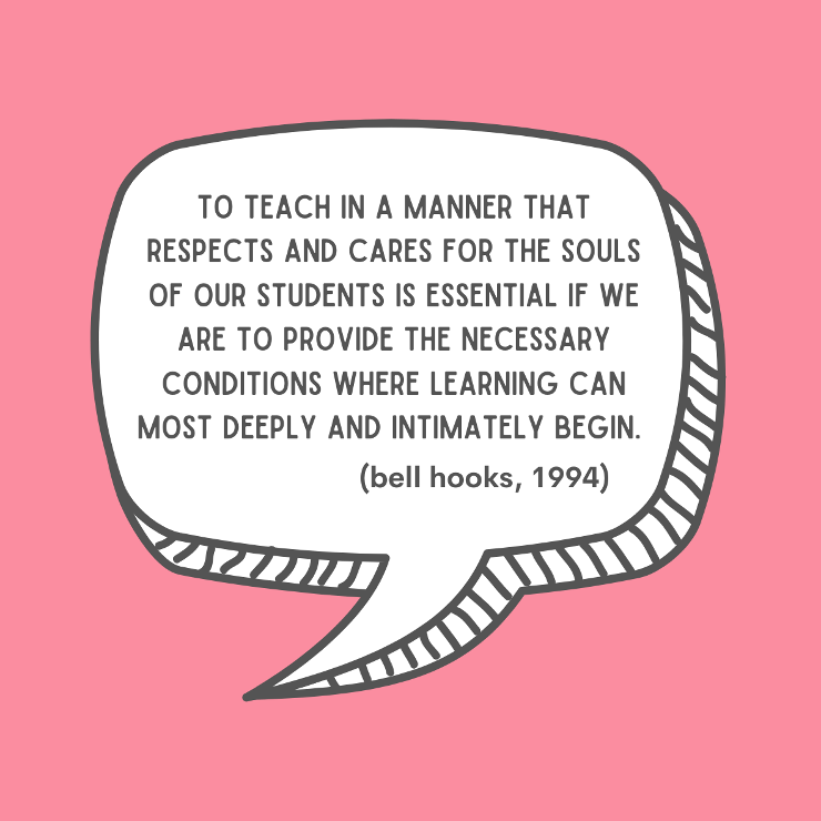 graphic of a speech bubble holding the quote by bell hooks: "to teach in a manner that respects and cares for the souls of our students is essential. If we are to provide the necessary conditions are learning a most deeply and intimately begin."