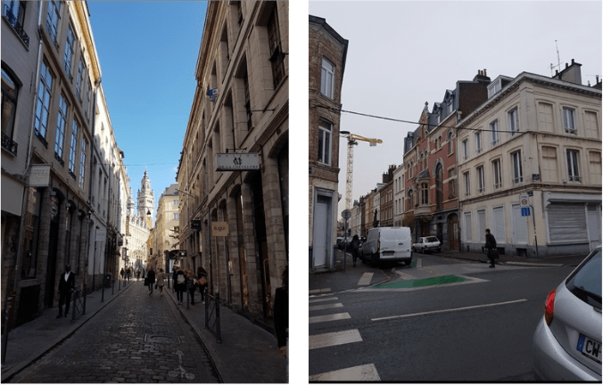 Photos, taken by Rachel Eager, (left) of Lille city centre and (right) of a junction in Lille, France.
