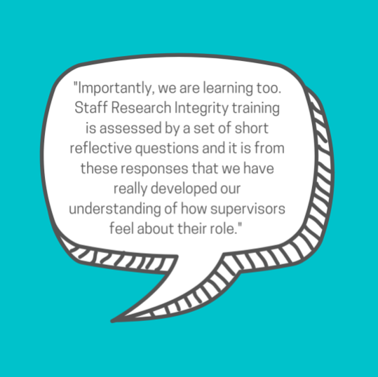 Importantly, we are learning too. Staff Research Integrity training is assessed by a set of short reflective questions and it is from these responses that we have really developed our understanding of how supervisors feel about their role