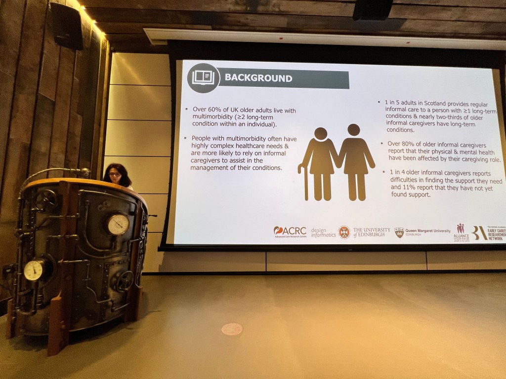 A slideshow presentation on 'Co-designing future implementation research priorities and assistive technology innovations targeted at supporting older caregivers of people with multiple long-term conditions' by
Stella Arakelyan, University of Edinburgh 
Eleanor Curnow, Queen Margaret University 
Jenny Robertson, University of Edinburgh
at the BAECRN Scottish Showcase