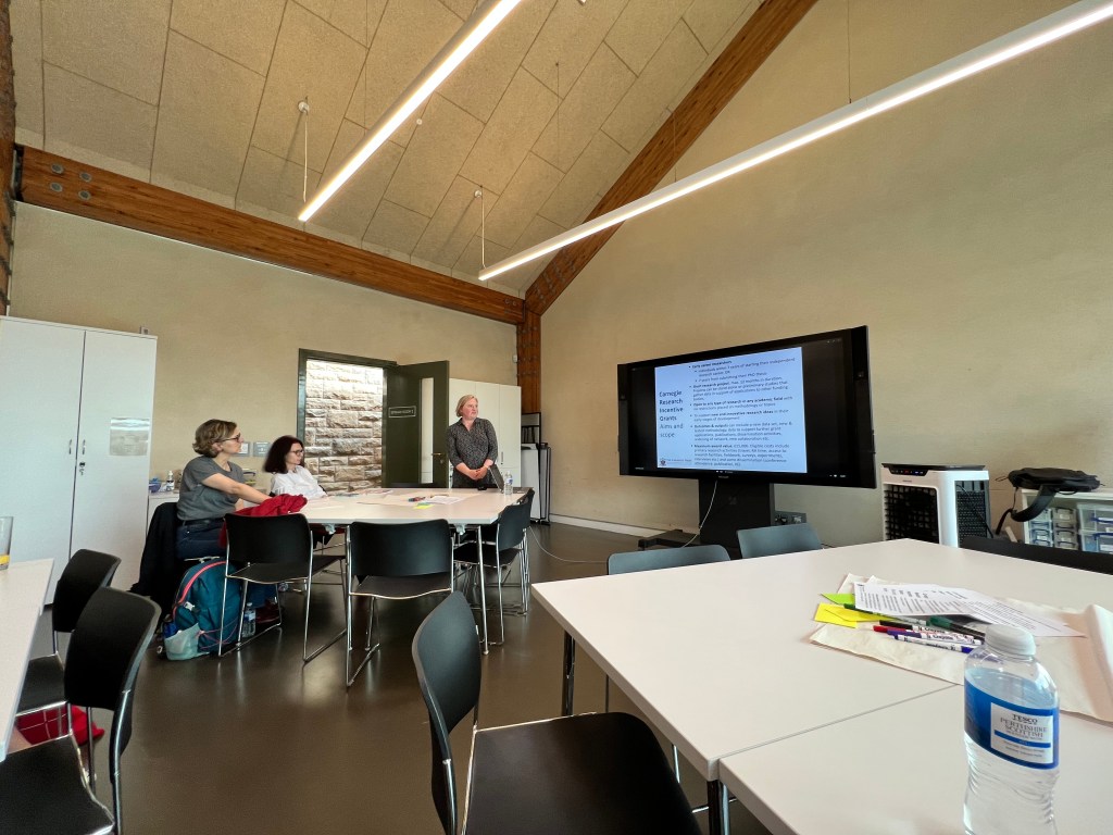 A picture of a workshop on grant-writing with Patricia Krus of The Carnegie Trust at the BAECRN Scottish Showcase