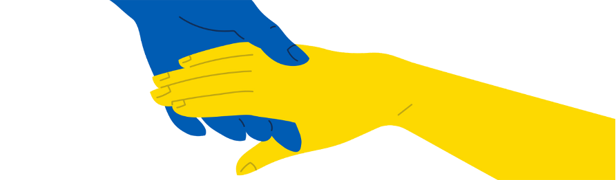 Cartoon of yellow and blue hands reaching out and making contact.