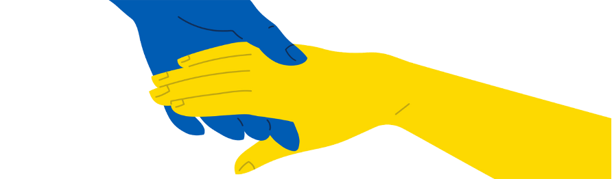 Cartoon of yellow and blue hands reaching out and making contact.