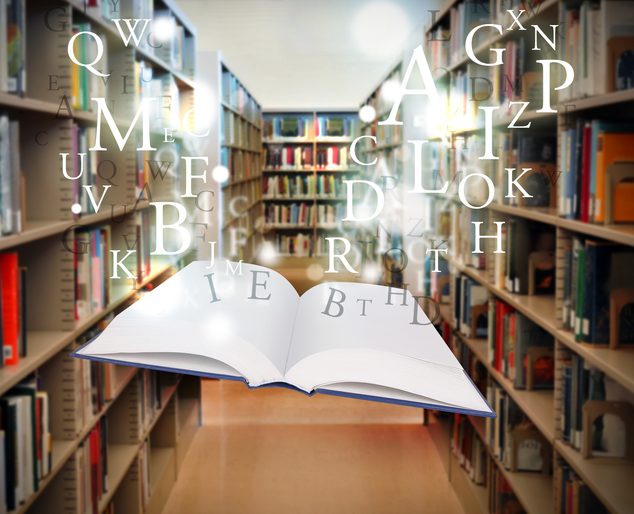 Image shows library viewed from in between the racks. In the foreground is a floating book, pages open with random letters flying out across the image. 

Image credit: Dreamstime