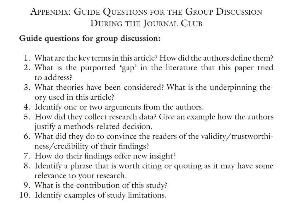 Image shows text. Text reads:

Appendix: Guide Questions for the Group Discussion during the Journal Club

Guide questions for group discussion: 
1. What are the key terms in this article? How did the authors define them? 
2. What is the purported 'gap' in the literature that this paper tried to address?
3. What theories have been considered? What is the underpinning theory used in this article? 
4. Identify one or two arguments from the authors. 
5. How did they collect research data? Give an example how the authors justify a methods-related decision. 
6. What did they do to convince the readers of the validity/trustworthiness/credibility of their findings? 
7. How do their finding offer new insight? 
8. Identify a phrase that is worth citing or quoting as it may have some relevance to your research. 
9. What is the contribution of this study? 
10. Identify examples of study limitations.