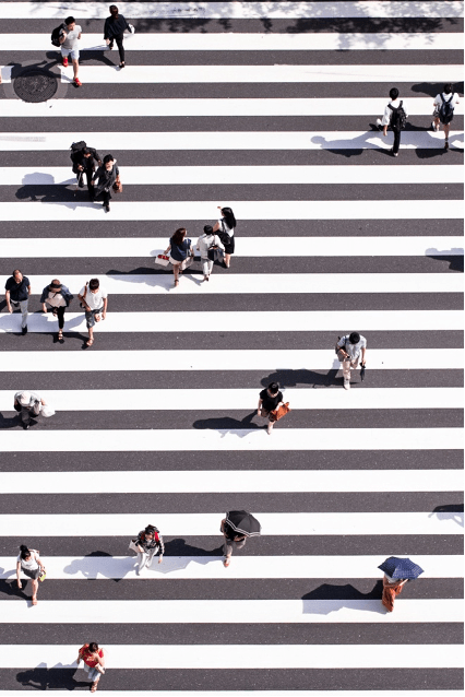 an arial view of a zebra crossing with many people interacting