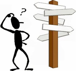 A cartoon stick figure at a crossroads.