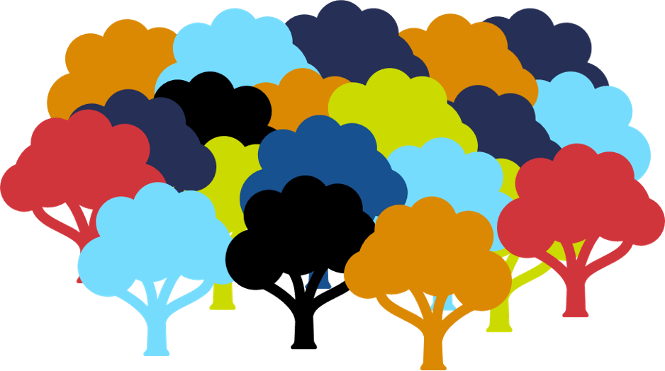A simplified graphic of a forest of brightly coloured trees, standing closely together.