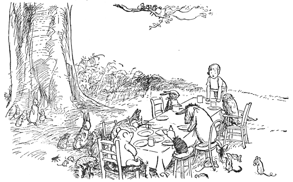 Black and white illustration from Winnie the Pooh showing all the characters sitting around a table in the woods, enjoying tea.