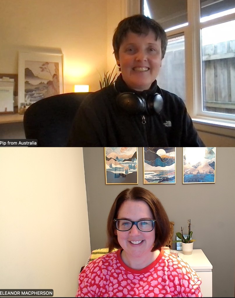 A screenshot of a Zoom call between Ellie and Pip.