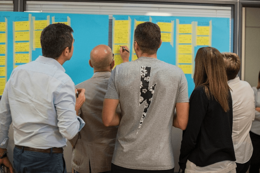 Five people face away from the camera, collectively creating post it note content on a poster board.