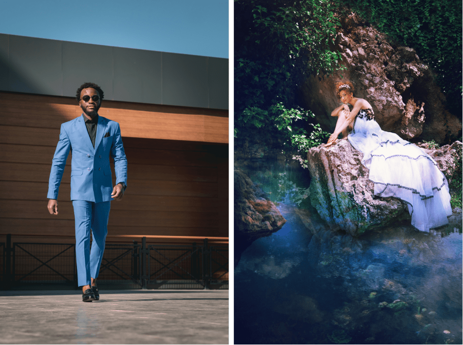 Two images side by side, one is of a person in a blue suit, black shirt and loafers in stands outside a building. The other shows a person in a long flowing white dress with black straps and lace, and a tiara headband, sittig on a rock, near a pool of water in the forest.