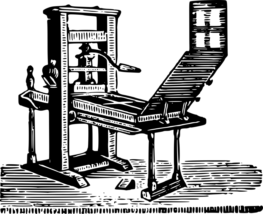 A woodcut of a manual printing press