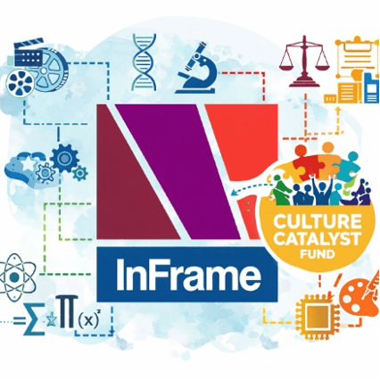 The inframe logo surrounded by onjects representing different disciplines such as a microscope, the scales of justice, an artists pallete, cogs, equations, and film reels.