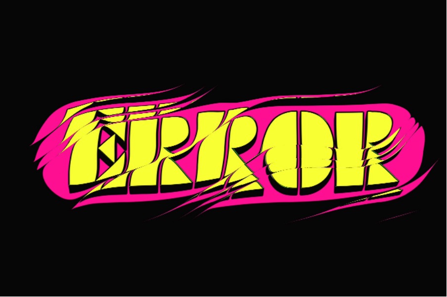 "ERROR" in bold yellow letters with a distorted, glitch-like effect against a bright pink background. The design uses sharp, jagged lines and a black backdrop to create a dynamic, digital malfunction aesthetic.